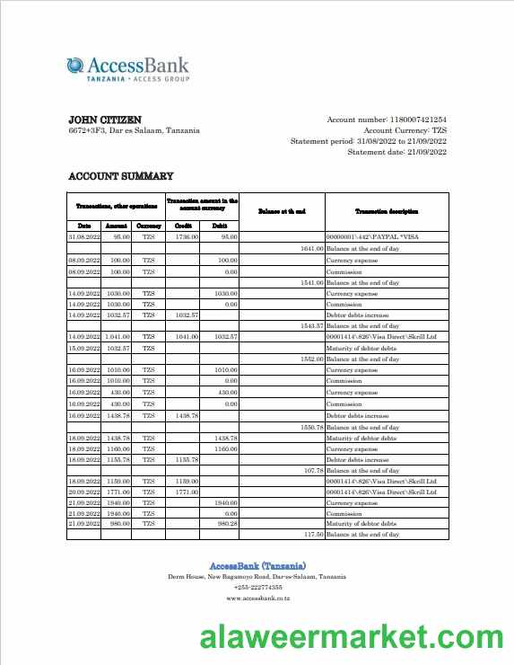 Tanzania Access bank statement, Excel and PDF template